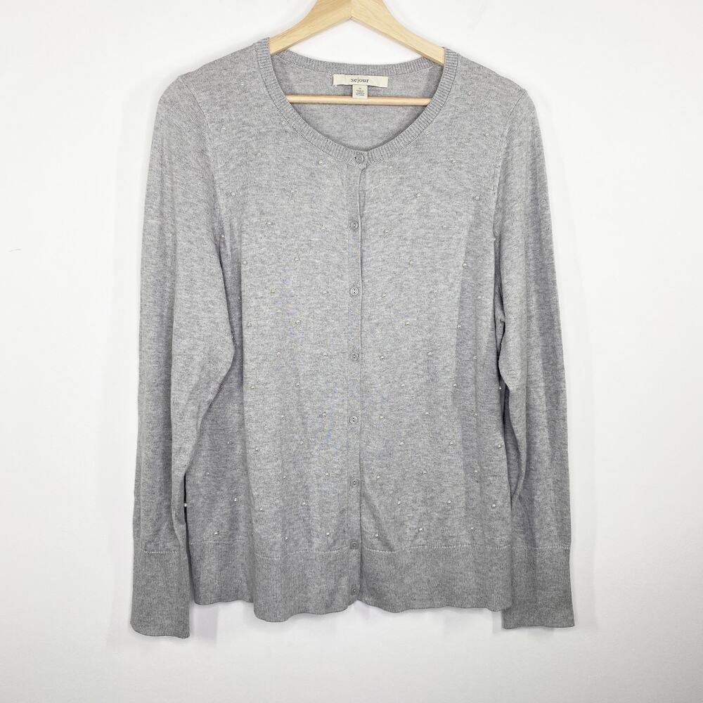 Sejour Women Grey Faux Pearl Button Down Cardigan Sweater Plus Size 1X - Picture 8 of 8